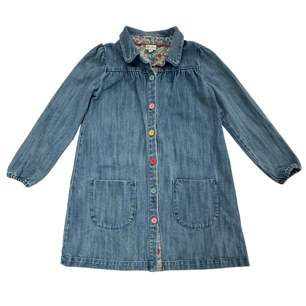 Mini Boden Girls Blue Denim Floral Lined Dress Rainbow Buttons Size 7-8Y K54